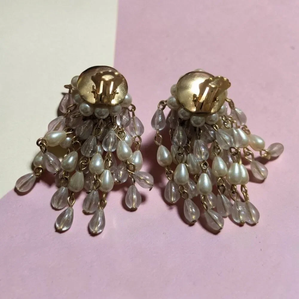 Vintage Faux Pearl Pink Bead Cascade Clip On Earrings, Cottagecore Jewelry